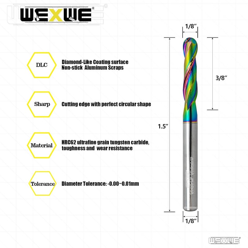 WEXWE Store Tools Ball Nose Carbide End Mill, DLC Coating, CNC Cutting Tools for Aluminum and Wood Cutting, 3D Carving & Engraving. 2 Flute Router Bits，1/8 Shank (1/8-1." 5pcs - Image 2